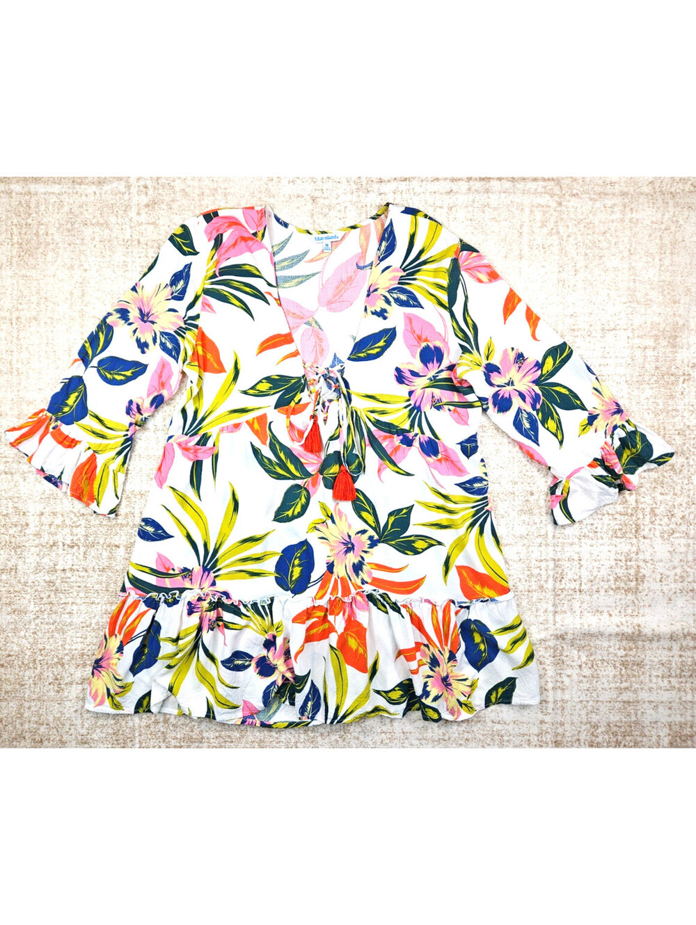 Blue Island Size M Summer Tropical Leaf & Floral V-Neck Beach Mini Dress - Picture 2 of 11